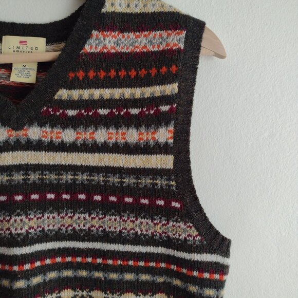 Vintage 90s Fair Isle Wool Sweater Vest M Multicolor Striped V-neck by Limited - Picture 6 of 10